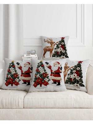 Empressco Yılbaşı Temalı Nakışlı Noel Baba ve Geyik Kırlent Kılıfı Seti, 4'lü Dijital Baskı