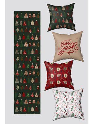 Empressco Noel Temalı Kırmızı Bej Renkli Çam Ağacı Kırlent ve Runner Seti