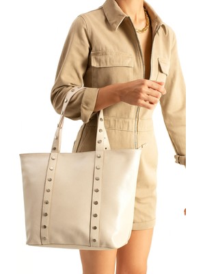 Çanta Trend *** Feminen Model Krem Renk Büyük Boy Kadın El ve Omuz Çantası