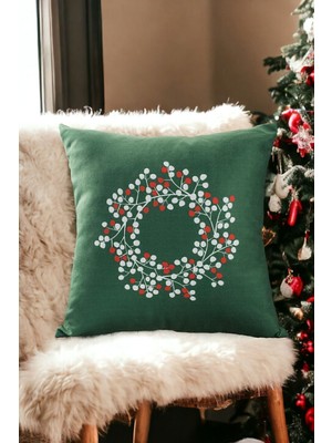 Empressco 43X43 Yeşil Yılbaşı Kırlent Kılıfı Çiçekli Ağacı Süsleyici Dekor