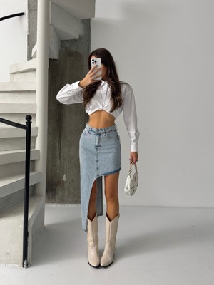 Blue Marlin Kadın Yan Asimetrik Kot Etek