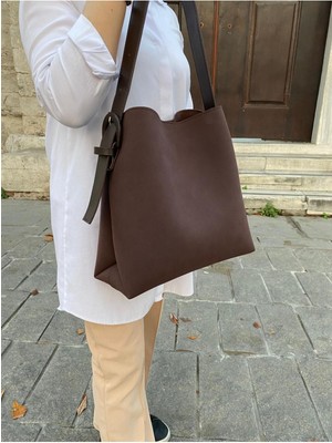 Çanta Trend Kahverengi Süet Toka Detaylı Acı Kahve Büyük Boy Kadın Shopper Çanta