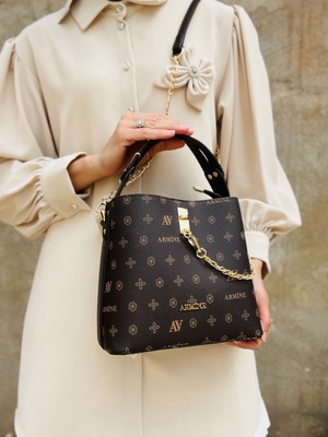 Çanta Trend 222 Kadın Monogram Suni Deri Gold Aksesuarlı 4 Bölmeli El ve Omuz Çanta