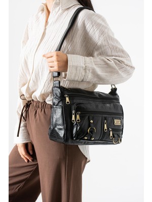 Çanta Trend Yıkama Deri Çapraz Askılı Omuz Çantası Poliüretan Deri Siyah MODEL:(571-14-16B)