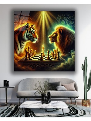 Aslan ve Kaplanın Satranç Düellosu Kare Cam Tablo