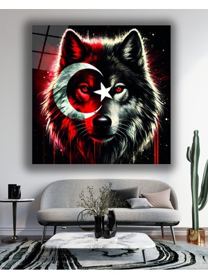 Marsilyan Bozkurt ve Türk Bayrağı Kare Cam Tablo