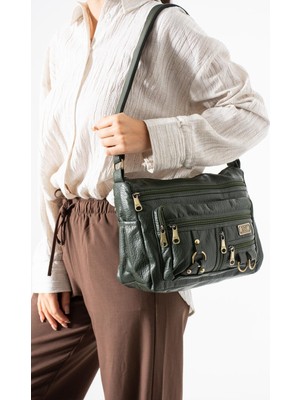 Çanta Trend Yıkama Deri Çapraz Askılı Omuz Çantası Poliüretan Deri Haki MODEL:(571-14-16B)