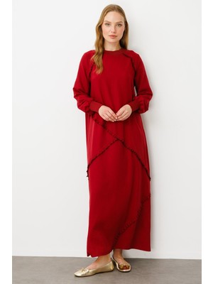 Micca Yumuşak Dokusu ve Zarif Detaylarıyla Ipekçe Doku Ribanalı Özel  Elbise-Bordo