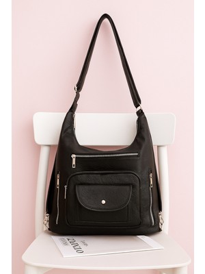 Çanta Trend Kadın Siyah Büyük Boy Deri Görünümlü Kapaklı Omuz Çanta Sırt Çanta – Çok Cepli Şık Tasarım