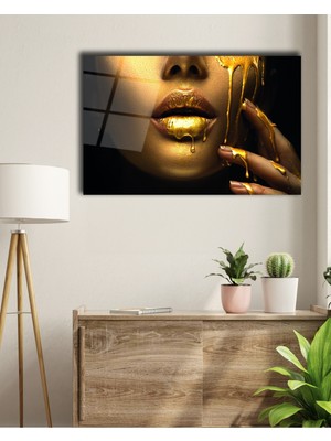 Marsilyan Siyahi Kadın Altın Dudak  Cam Tablo