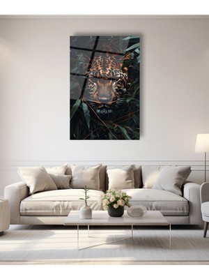 Marsilyan Yapraklar Arasında Leopar Cam Tablo