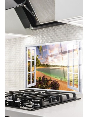 Marsilyan 76X49,5 cm Cam Ocak Arkası Koruyucu Tezgah Ankastre Arkası Koruyucu | Pencere ve Deniz