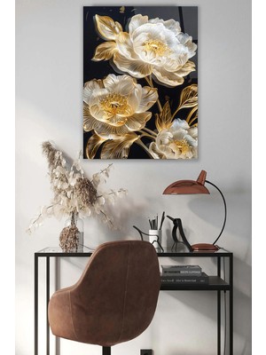 Marsilyan Gold Çiçek Harika Tasarım Kırılmaz Cam Tablo Ev Ofis Iş Yeri Hediryesi