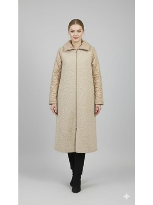 Micca Angora Doku Kapitone Dolgu Kol Detaylı Astarlı Zamansız Kaban Manto-Taş