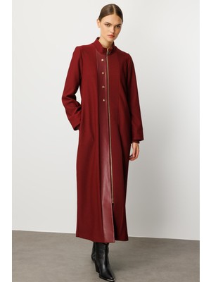 Micca Özel Suni Deri Mix Otto Kumaş  İçi Astarlı Aksesuarlı  Zamanlık  Mevsimlik Trench / Kap-Bordo