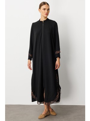 Micca Krep Esnek Doku Leopar Şifon Garni Detaylı Kap Ferace-Siyah