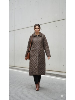 Micca Soft Peluş İç Katman ve Özel Nakış Desenli İnce Hafif Zamansız Özel Üretim Kaban Manto-Kahve