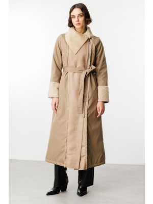 Micca Suni Deri ve Soft Kürk Detaylı Dolgulu Spor Kaban Manto-Vizon