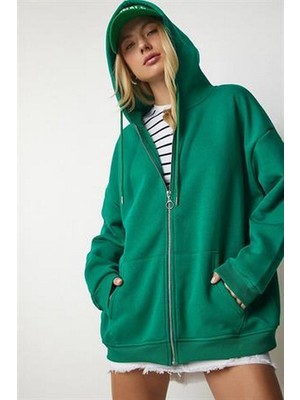Busem Kadın Kapüşonlu Üç Iplik Owersize Fermuarlı Sweatshirt Koyu Yeşil