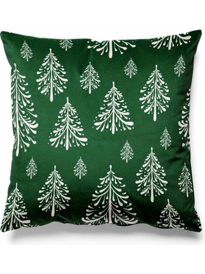 Empressco Yeşil Zeminde Çam Ağaçları Desenli Çift Taraflı Süet Kırlent Kılıfı, Yılbaşı ve Noel Temalı