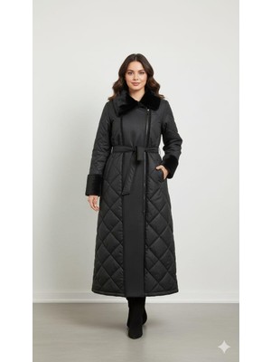 Micca Soft Suni Kürk Kaplı Bedeni Özel Yumuşak Dolgu Hafif Manto Kaban-Siyah