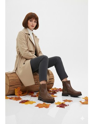 Mammamia Mammimia Kadın Leopar Desenli Hakiki Deri Ortopedik Fermuarlı Düz Kalın Taban Günlük Bot M26/KB4240