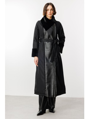 Micca Suni Deri ve Soft Kürk Detaylı Dolgulu Spor Kaban Manto-Siyah