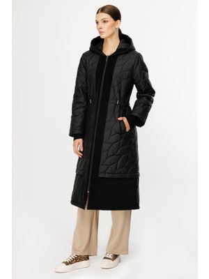 Micca Ruby Yaprak Kapitone Dolgulu Spor Manto Kaban-Siyah