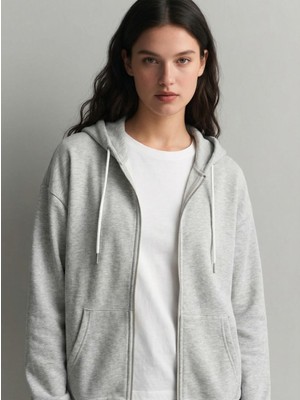 Busem Kadın Kapüşonlu Üç Iplik Owersize Fermuarlı Sweatshirt Açık Gri