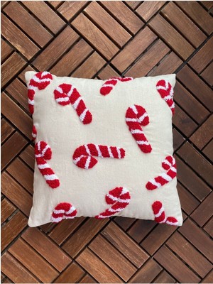 Empressco Yılbaşı Temalı Noel Şekeri Işlemeli Kırlent Kılıfı, Kırmızı Renkli, Şık ve Sıcak Dekorasyon