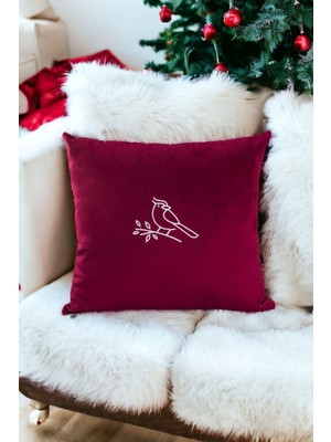 Empressco Yılbaşı Noel Temalı Beyaz Kardinal Kuş Nakışlı Dekoratif Kırlent Kılıfı