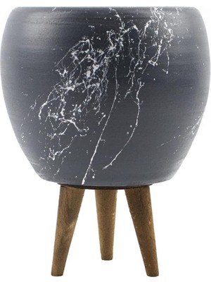 Mermer Efektli Gri Üzeri Beyaz Toprak Saksı 3 Ayaklı-15 cm