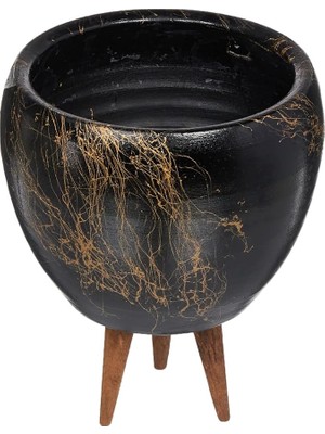 Siyah Üzeri Gold Mermer Efektli Toprak Saksı, Ikili Set, 3 Ayaklı/ayaksız 16 cm