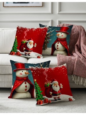 Empressco Yılbaşı Temalı 4'lü Kırlent Kılıfı Seti, Noel Baba ve Kardan Adam Desenli, Kırmızı Beyaz