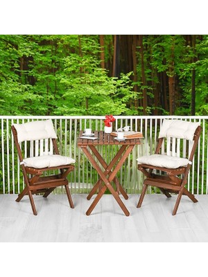 Ahşap Katlanır Minderli 3 Lü Bistro Set Mutfak Balkon Bahçe Masa Sandalye Seti (Ceviz-Krem)