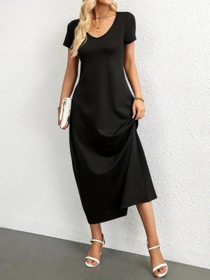 Çamaşır Kenti Kadın Kısa Kollu Yakası Yuvarlak Cepli Viskon Elbise