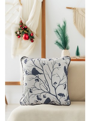 Empressco Yılbaşı Noel Temalı Antrasit Kardinal Kuş Desenli Dekoratif Kırlent Kılıfı