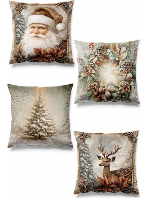 Empressco Çift Taraflı Noel Temalı Süet Kırlent Kılıfı Seti, 4'lü Bej Renk