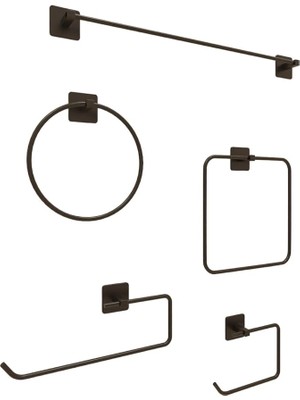 Banyo Yapışkanlı Aksesuar Seti Havluluk T.kağıtlık ve Peçetelik Kare Siyah 5 Li Set