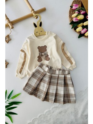 Miniğimin Cicileri Ayıcık Detaylı Ekose Kız Bebek takım - Kahverengi