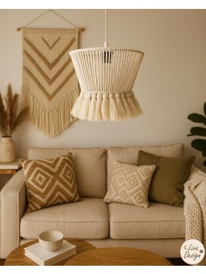 El Yapımı Krem Pamuk Makrome Bohem Püsküllü Avize / Salon, Yatak Odası ,oturma Odası, Ofis, Balkon