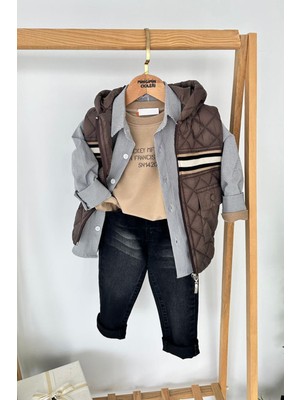 Miniğimin Cicileri Kapitone Şişme Yelekli Gömlekli Erkek Çocuk 4’lü kombin - Kahve