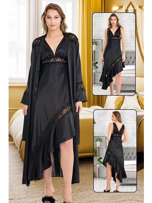 Nightlove Lady Siyah Kollaru Dantel Detaylı Uzun 2 Li Siyah Saten Sabahlık Takımı