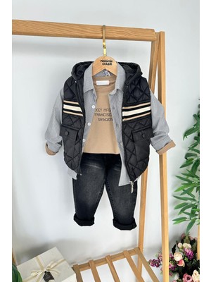 Miniğimin Cicileri Kapitone Şişme Yelekli Gömlekli Erkek Çocuk 4’lü kombin - Siyah