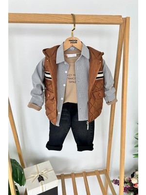 Miniğimin Cicileri Kapitone Şişme Yelekli Gömlekli Erkek Çocuk 4’lü kombin - Taba