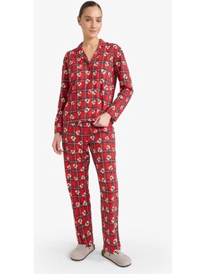 DeFacto Pijama Takımı Regular Fit Ayıcık Desenli Kareli Uzun Kollu Üst Uzun Alt G7227AX25WN