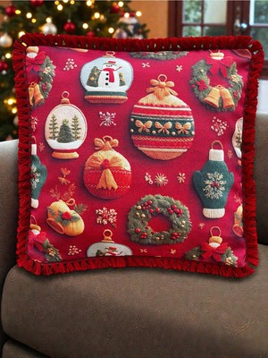 Empressco Yılbaşı Temalı Kırmızı Saçaklı Küre Çelenk Kırlent Kılıfı 40X40 cm