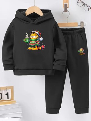 Makiteks Kışlık Kız Erkek Çocuk Eşofman Takımı Alt Üst Garfield 5 6 7 8 9 10 11 12 Yaş Kış Yılbaşı