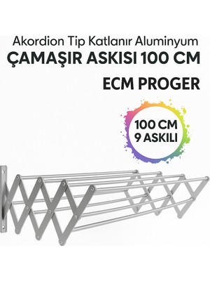 Ecm Proger 100 cm Akordiyon Katlanabilir Çamaşır Kurutma Askısı Alüminyum 9 Çubuklu Model