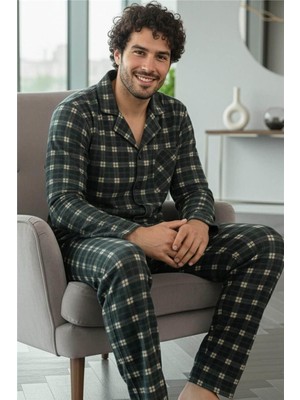 Pijama Evi Siyah Somon Ekose Desenli önden Düğmeli Elegant Erkek pijama takımı